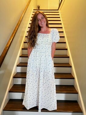 Simply Southern White Maxi Dress with Blue Floral Print